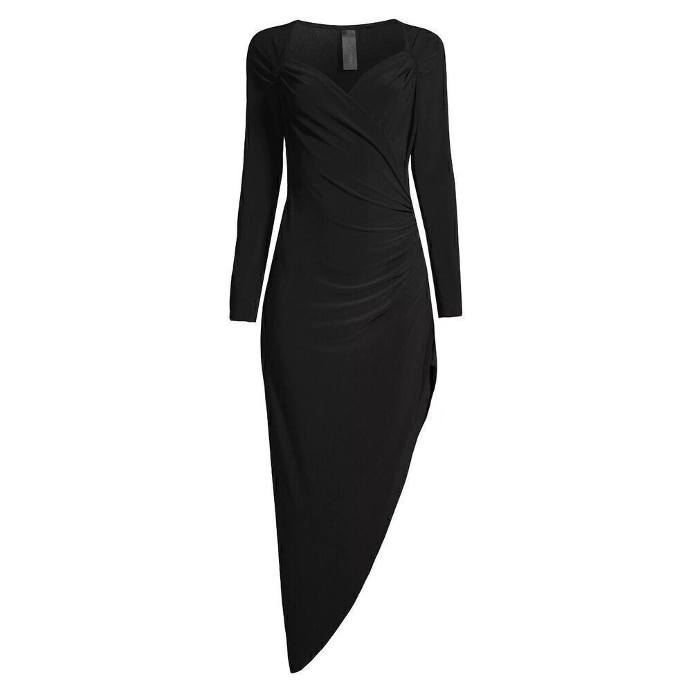 New Norma Kamali Asymmetric Draped Gathered Dress Black Long Sleeve Size Small